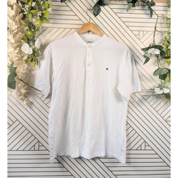 Zara Polo Shirt Men's WHITE Flat Collar 1/4 Button Short Sleeve Stretch Size L - Picture 1 of 6